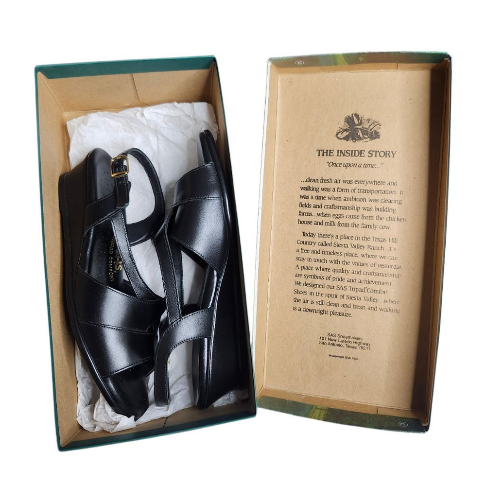 Women's SAS Black Leather Caress Cross Wedge Sandals Size 8  Narrow